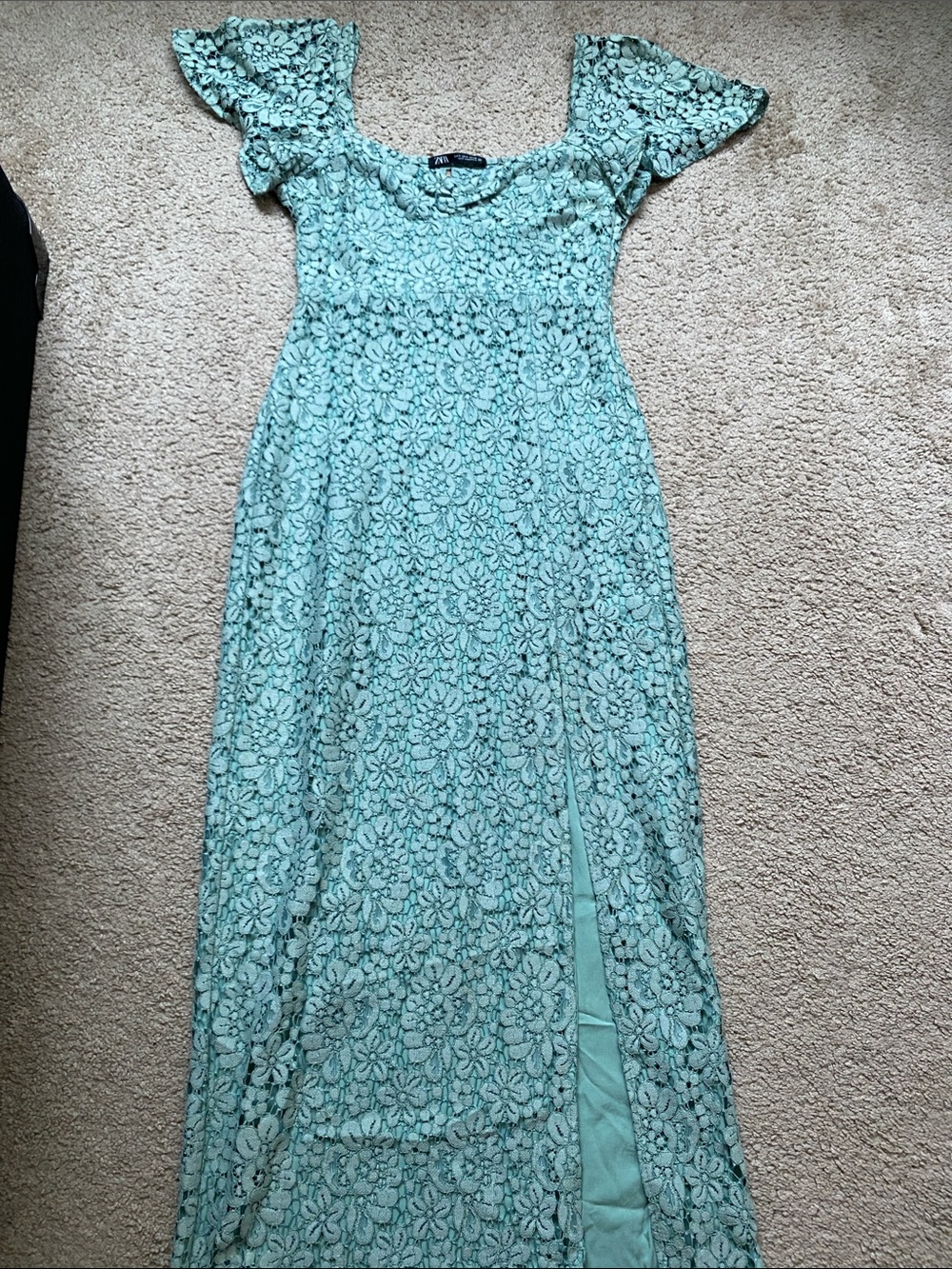 Zara Light greenish blue Lace Maxi Dress